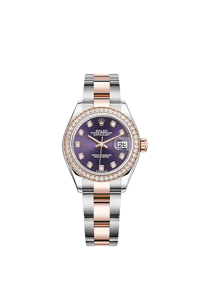 Lady-DateJust 28mm Oyster Oystersteel Bracelet and Everose Gold with Aubergine Dial Diamond-Set Dial and Diamond-Set Bezel