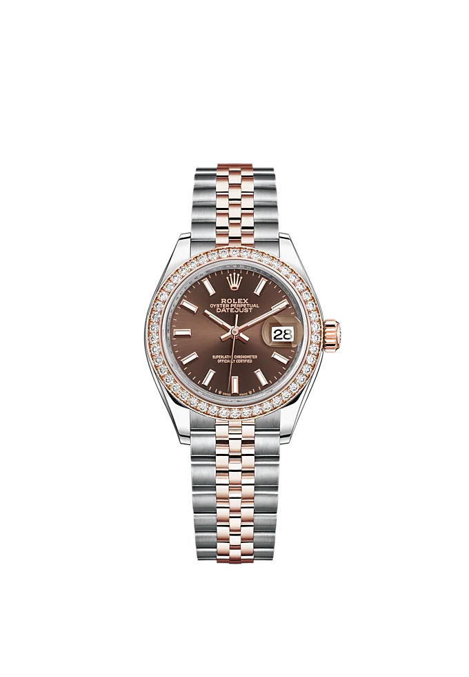 Lady-DateJust 28mm Oystersteel Jubilee Bracelet and Everose Gold with Chocolate Dial and Diamond-Set Bezel