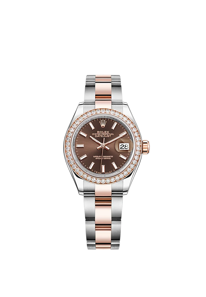 Lady-DateJust 28mm Oyster Oystersteel Bracelet and Everose Gold with Chocolate Dial Diamond-Set Bezel