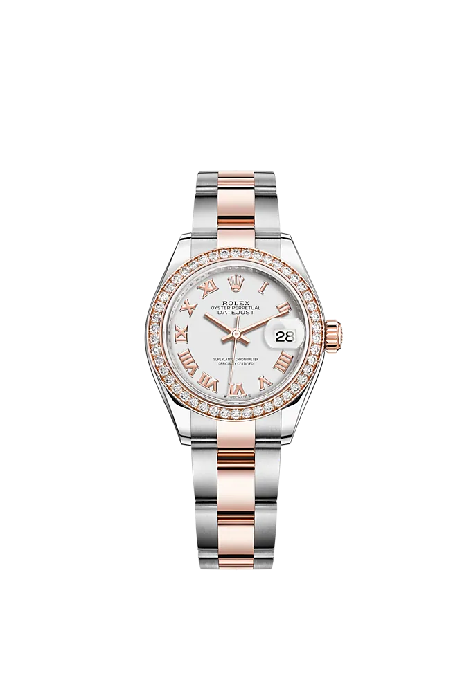 Lady-DateJust 28mm Oyster Oystersteel Bracelet and Everose Gold with White Dial Diamond-Set Bezel