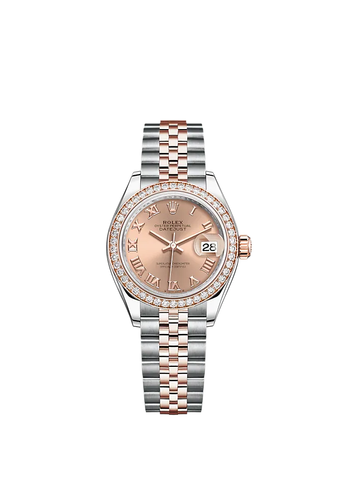 Lady-DateJust 28mm Oystersteel Jubilee Bracelet and Everose Gold with Rosé-Colour Roman Dial Diamond-Set Bezel