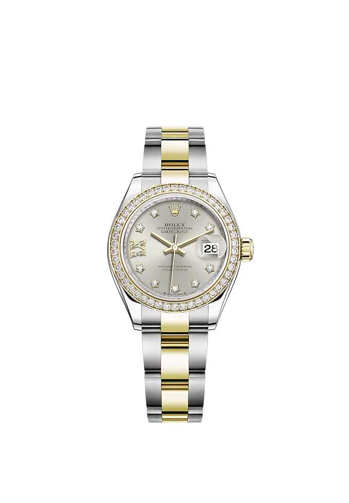 Lady-DateJust 28mm Oyster Oystersteel Bracelet and Yellow Gold with Silver Dial Diamond-Set Dial and Diamond-Set Bezel
