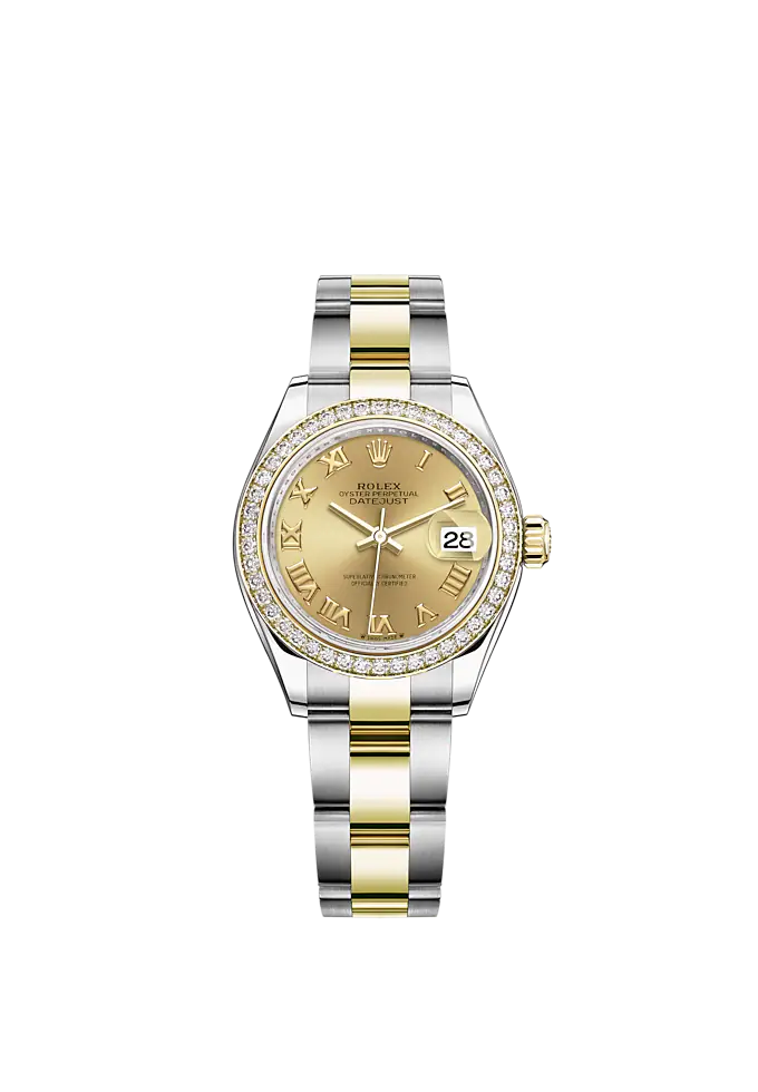 Lady-DateJust 28mm Oyster Oystersteel Bracelet and Yellow Gold with Champagne-Colour Dial Diamond-Set Bezel