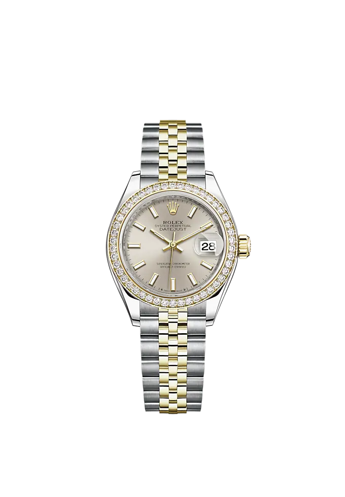 Lady-DateJust 28mm Oystersteel Jubilee Bracelet and Yellow Gold with Silver Dial Diamond-Set Bezel