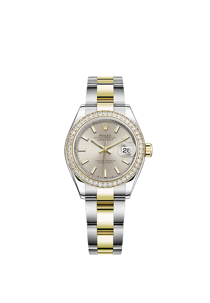 Lady-DateJust 28mm Oyster Oystersteel Bracelet and Yellow Gold with Silver Dial Diamond-Set Bezel