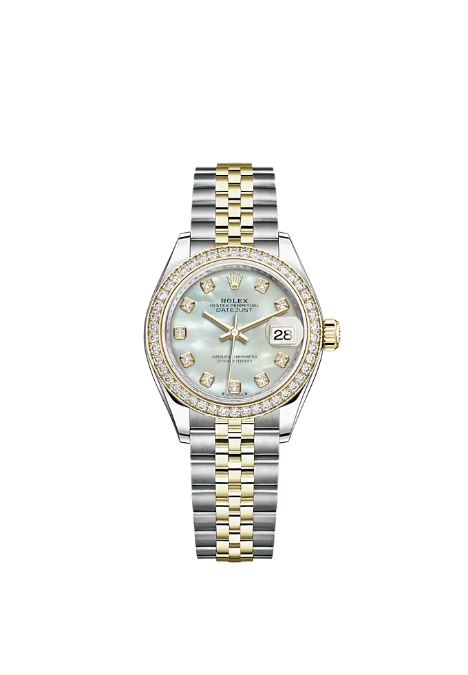 Lady-DateJust 28mm Oystersteel Jubilee Bracelet and Yellow Gold with White Mother-of-Pearl Dial Diamond-Set Dial and Diamond-Set Bezel