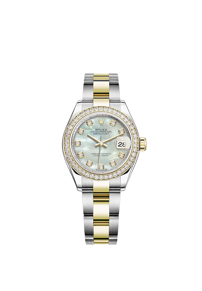 Lady-DateJust 28mm Oyster Oystersteel Bracelet and Yellow Gold with White Mother-of-Pearl Diamond-Set Dial Diamond-Set Bezel