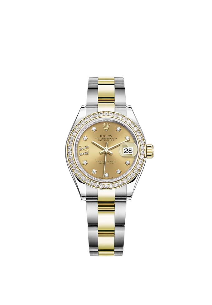 Lady-DateJust 28mm Oyster Oystersteel Bracelet and Yellow Gold with Champagne-Colour Dial Diamond-Set Dial Diamond-Set Bezel