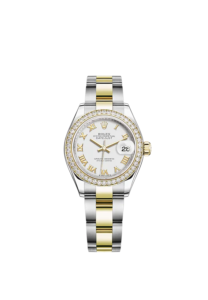 Lady-DateJust 28mm Oyster Oystersteel Bracelet and Yellow Gold with White Dial Diamond-Set Bezel