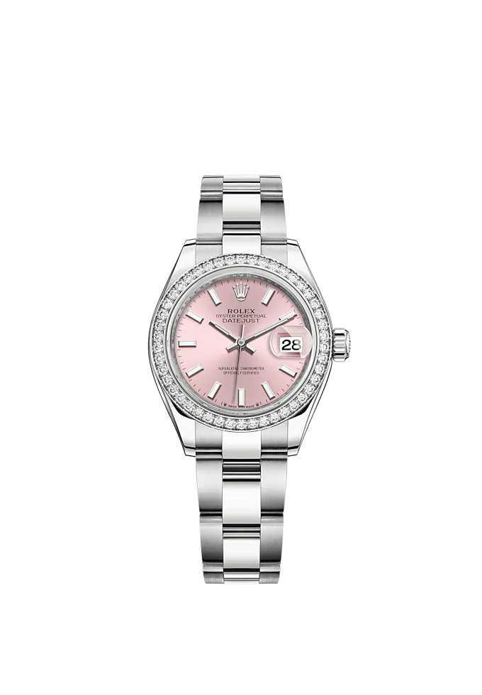 Lady-DateJust 28mm Oyster Oystersteel Bracelet and White Gold with Pink Dial Diamond-Set Bezel