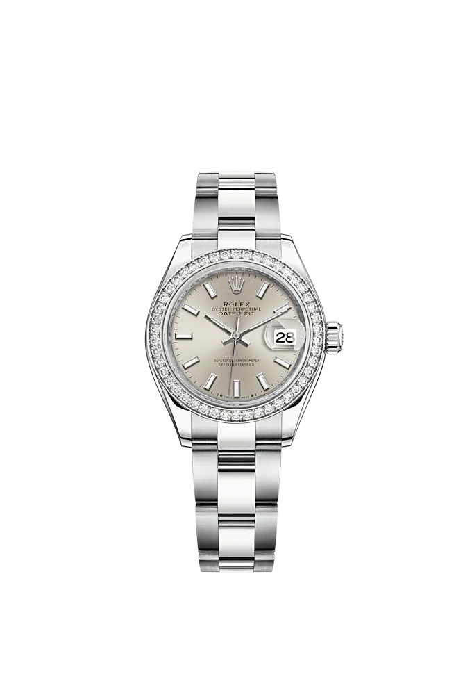 Lady-DateJust 28mm Oyster Oystersteel Bracelet and White Gold with Silver Dial Diamond-Set Bezel