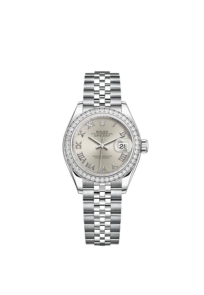 Lady-DateJust 28mm Oystersteel Jubilee Bracelet and White Gold with Silver Dial Diamond-Set Bezel