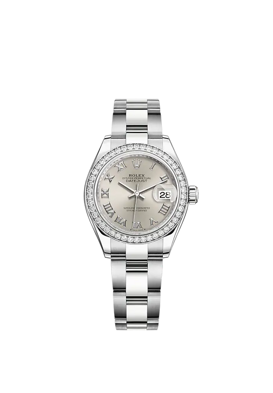 Lady-DateJust 28mm Oyster Oystersteel Bracelet and White Gold with Silver Dial Diamond-Set Bezel