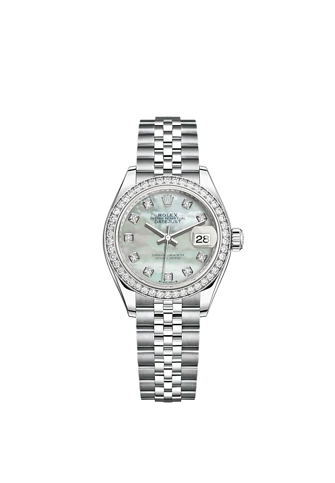 Lady-DateJust 28mm Oystersteel Jubilee Bracelet and White Gold with White Mother-of-Pearl Dial Diamond-Set Dial and Diamond-Set Bezel