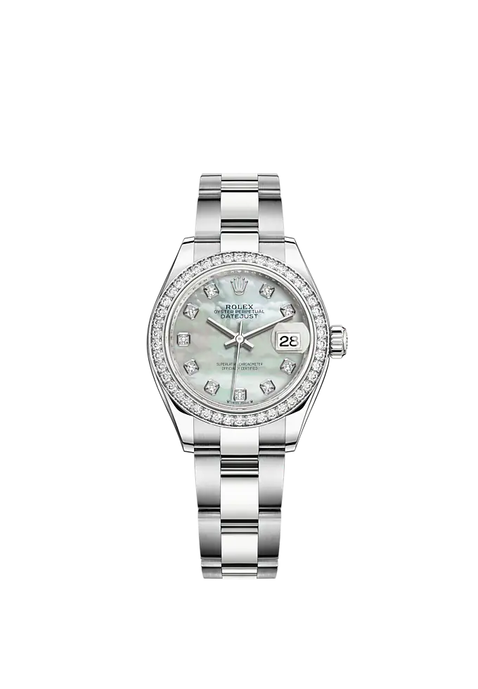 Lady-DateJust 28mm Oyster Oystersteel Bracelet and White Gold with Mother-Of-Pearl Dial Diamond-Set Dial Diamond-Set Bezel