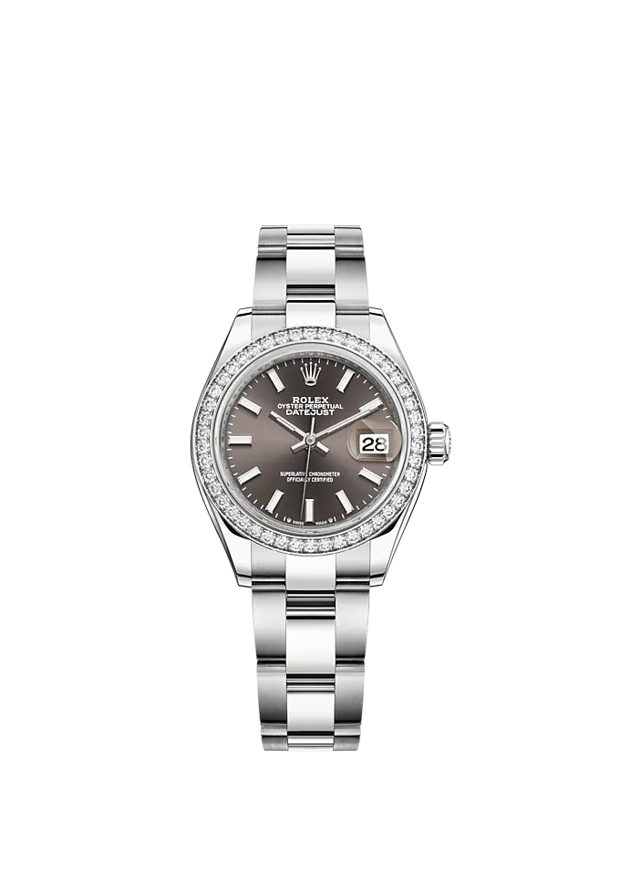 Lady-DateJust 28mm Oyster Oystersteel Bracelet and White Gold with Dark Grey Dial Diamond-Set Bezel