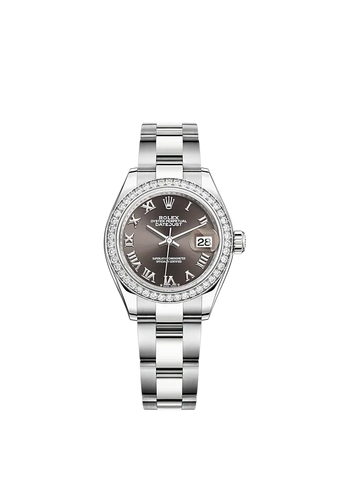 Lady-DateJust 28mm Oyster Oystersteel Bracelet and White Gold with Dark Grey Dial Diamond-Set Bezel
