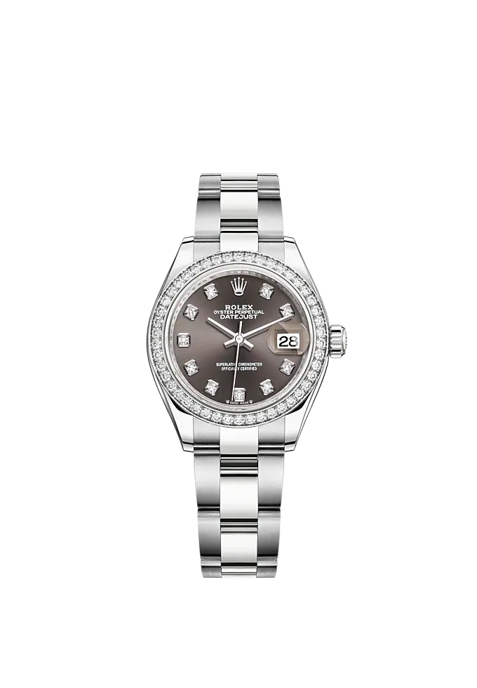 Lady-DateJust 28mm Oyster Oystersteel Bracelet and White Gold with Dark Grey Dial Diamond-Set Dial and Diamond-Set Bezel
