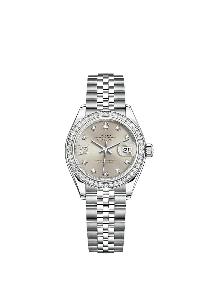 Lady-DateJust 28mm Jubilee Bracelet and Oystersteel with White Gold and Silver Dial Diamond-Set Dial Diamond-Set Bezel