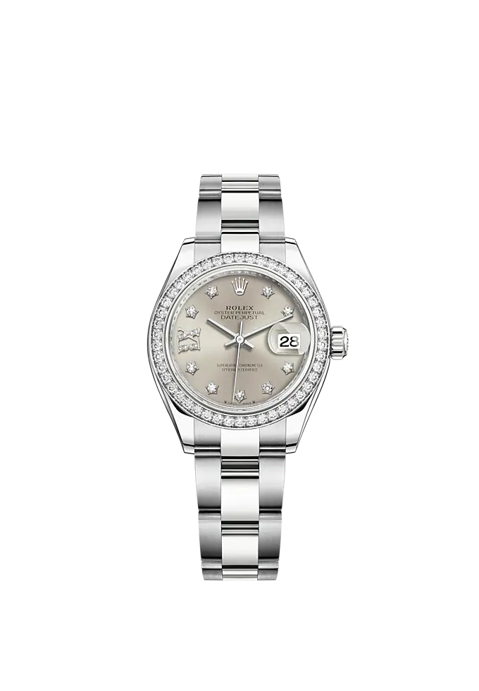 Lady-DateJust 28mm Oyster Oystersteel Bracelet and White Gold with Silver Dial Diamond-Set Dial Diamond-Set Bezel