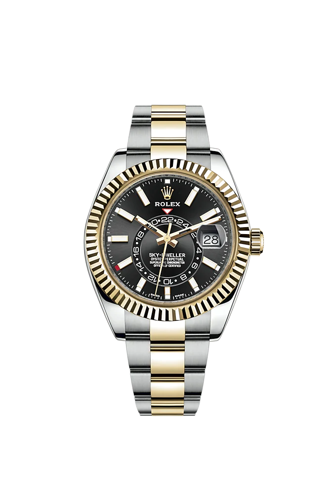 Sky-Dweller 42mm Oyster Bracelet Oystersteel and Yellow Gold with Bright Black Dial Fluted Bezel