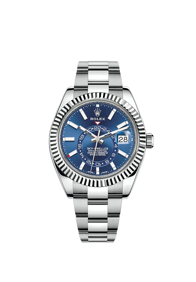 Sky-Dweller 42mm Oyster Bracelet Oystersteel and White Gold with Bright Blue Dial Fluted Bezel