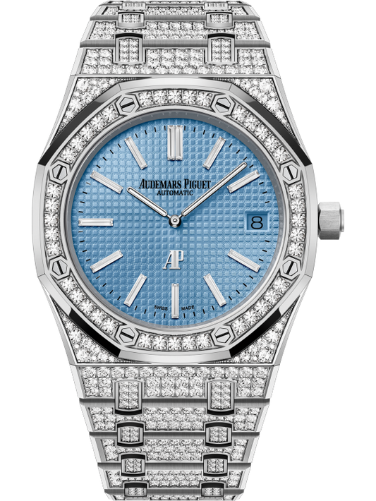 Royal Oak Jumbo Extra-Thin 39MM Diamond-Set 18-Carat White Gold Bracelet Light Blue Dial With Petite Tapisserie Pattern 18-Carat White Gold Case Set With Brillant-Cut Diamonds