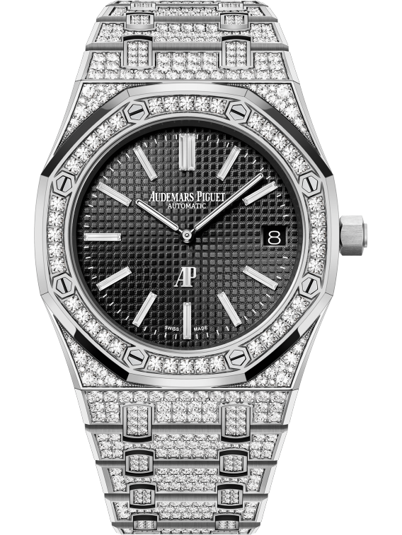 Royal Oak Jumbo Extra-Thin 39MM Diamond-Set 18-Carat White Gold Bracelet Black Dial With Petite Tapisserie Pattern 18-Carat White Gold Case Set With Brillant-Cut Diamonds