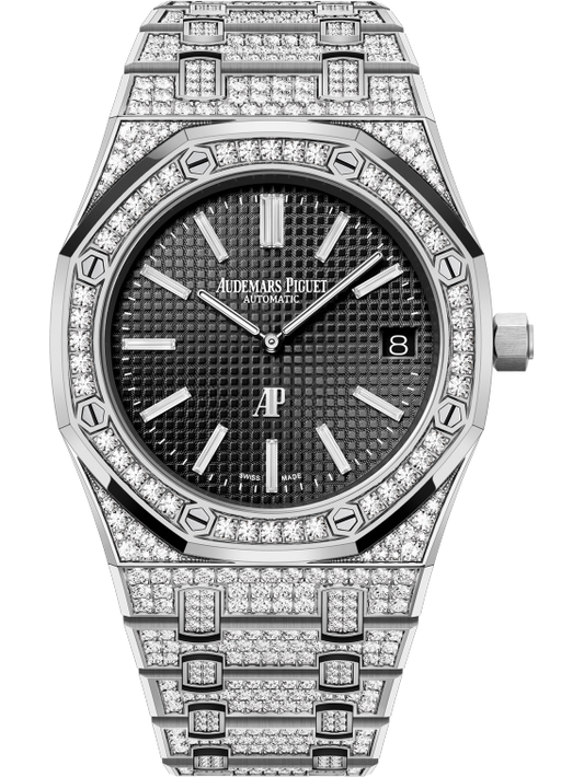 Royal Oak Jumbo Extra-Thin 39MM Diamond-Set 18-Carat White Gold Bracelet Black Dial With Petite Tapisserie Pattern 18-Carat White Gold Case Set With Brillant-Cut Diamonds