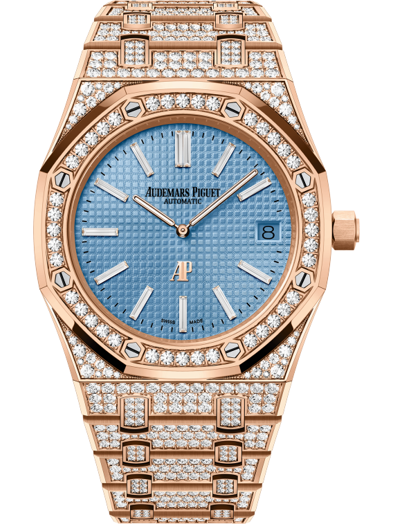 Royal Oak Jumbo Extra-Thin 39MM Diamond-Set 18-Carat Pink Gold Bracelet Light Blue Dial With Petite Tapisserie Pattern 18-Carat Pink Gold Case Set With Brillant-Cut Diamonds