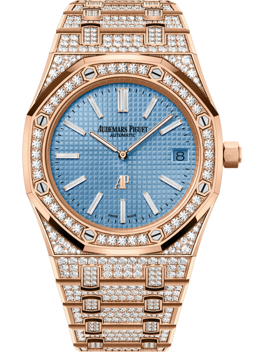 Royal Oak Jumbo Extra-Thin 39MM Diamond-Set 18-Carat Pink Gold Bracelet Light Blue Dial With Petite Tapisserie Pattern 18-Carat Pink Gold Case Set With Brillant-Cut Diamonds