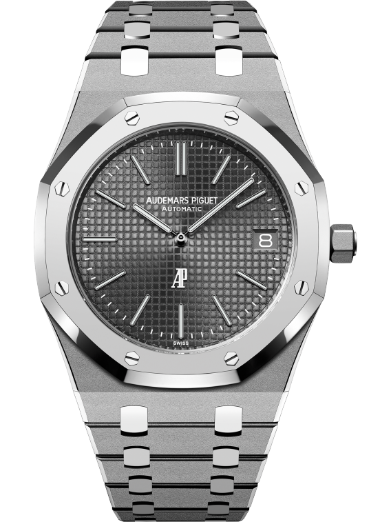 Royal Oak Jumbo Extra-Thin 39MM Sandblasted Titanium Bracelet Dark Gray Dial With Petite Tapisserie Pattern Sandblasted Titanium Case