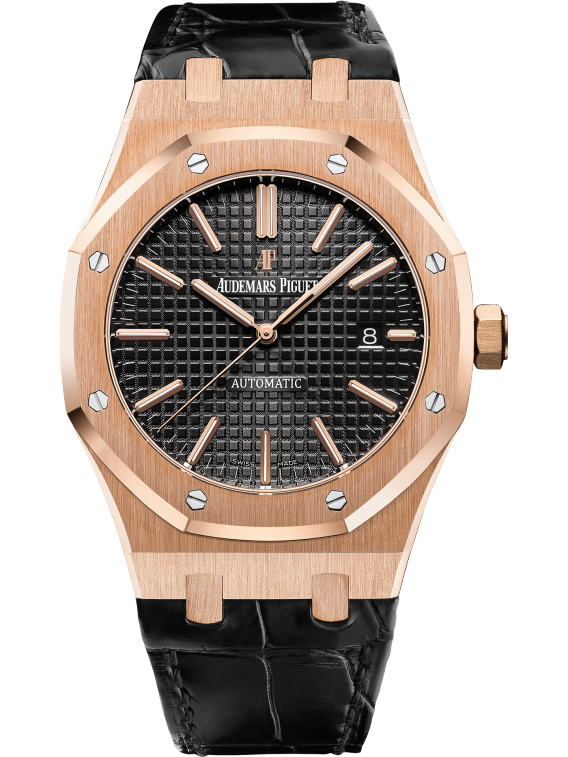 Royal Oak Selfwinding 41MM Black Alligator Strap Black Dial With Grande Tapisserie Pattern 18-Carat Pink Gold Case