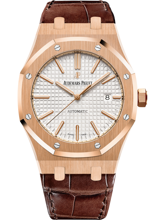 Royal Oak Selfwinding 41MM Brown Alligator Strap Silver-Toned Dial With Grande Tapisserie Pattern 18-Carat Pink Gold Case