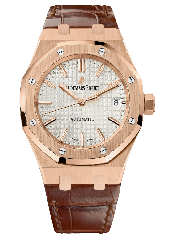 Royal Oak Selfwinding 37MM Brown Alligator Strap Silver-Toned Dial With Grande Tapisserie Pattern 18-Carat Pink Gold Case