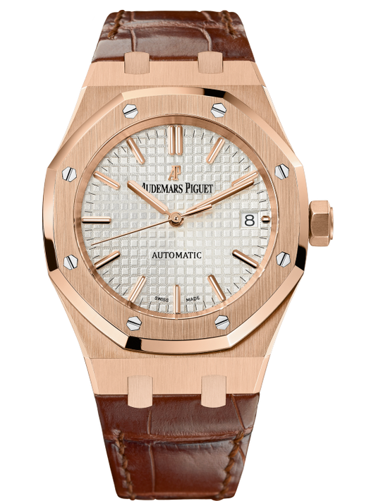 Royal Oak Selfwinding 37MM Brown Alligator Strap Silver-Toned Dial With Grande Tapisserie Pattern 18-Carat Pink Gold Case