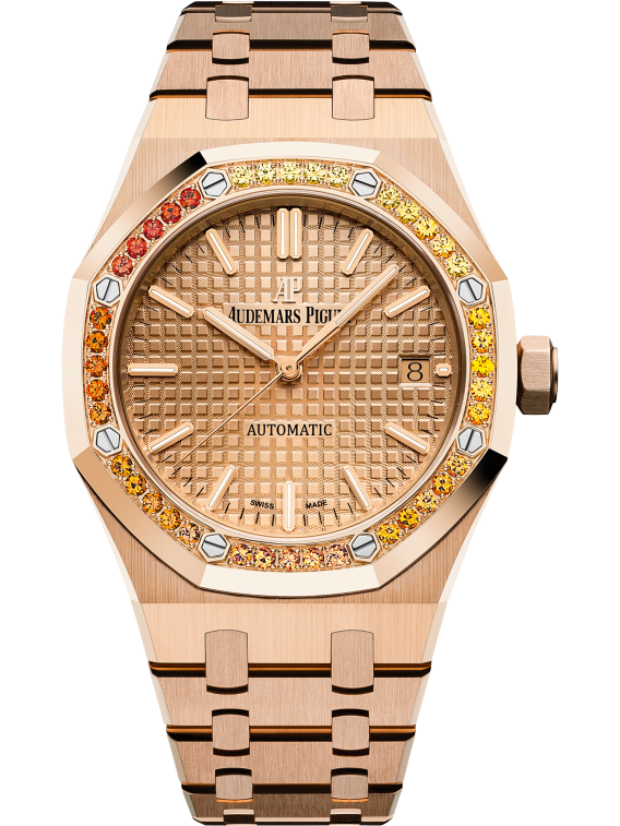 Royal Oak Selfwinding 37MM 18-Carat Pink Gold Bracelet Pink Gold-Toned Dial With Grande Tapisserie Pattern 18-Carat Pink Gold Case Bezel Set With Orange Sapphires