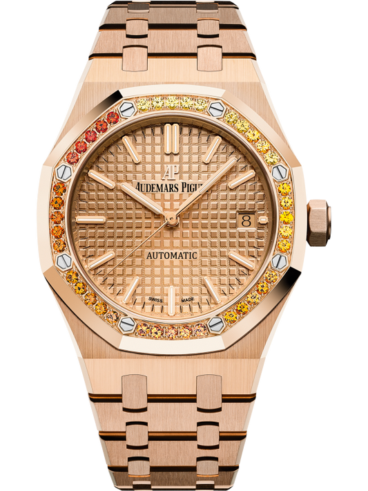 Royal Oak Selfwinding 37MM 18-Carat Pink Gold Bracelet Pink Gold-Toned Dial With Grande Tapisserie Pattern 18-Carat Pink Gold Case Bezel Set With Orange Sapphires