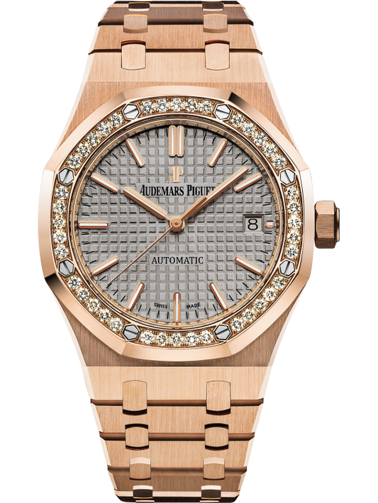 Royal Oak Selfwinding 37MM 18-Carat Pink Gold Bracelet Grey Nickel-Toned Dial With Grande Tapisserie Pattern 18-Carat Pink Gold Case Diamond-Set Bezel