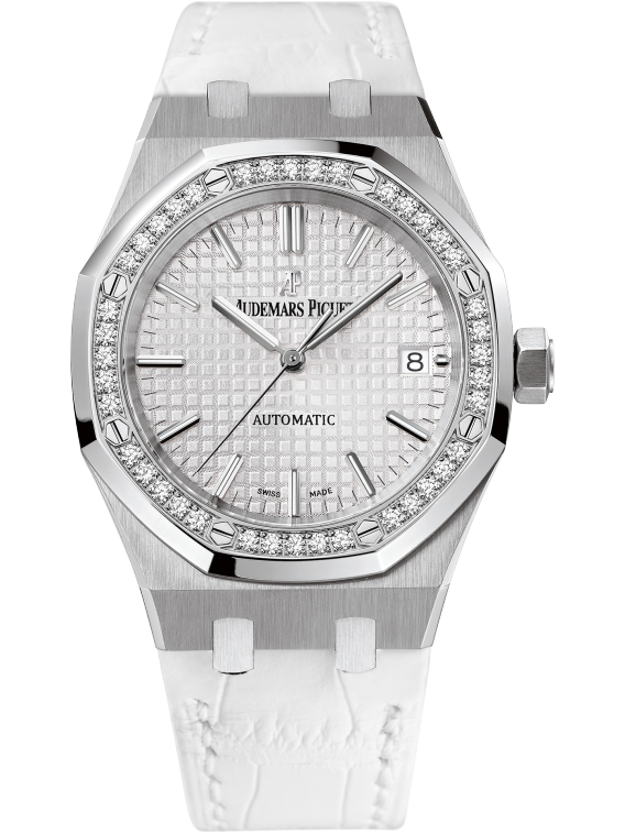 Royal Oak Selfwinding 37MM White Alligator Strap Silver-Toned Dial With Grande Tapisserie Pattern Stainless Steel  Diamond-Set Bezel