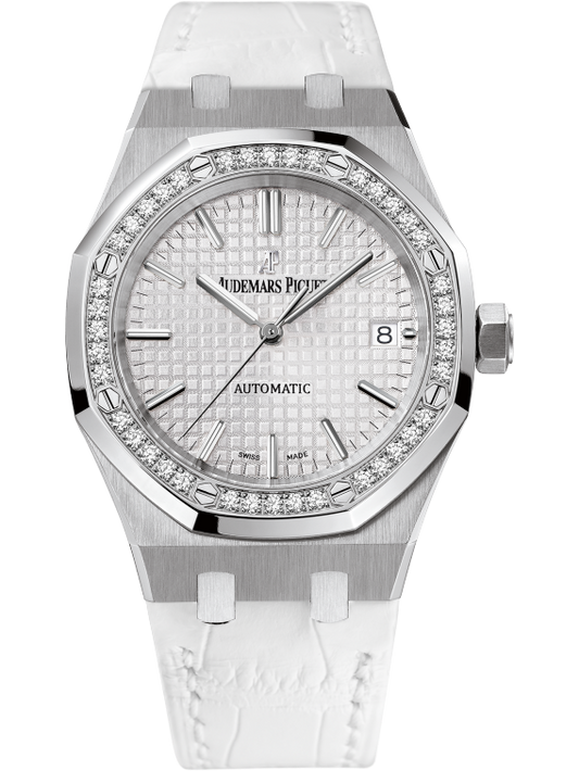 Royal Oak Selfwinding 37MM White Alligator Strap Silver-Toned Dial With Grande Tapisserie Pattern Stainless Steel  Diamond-Set Bezel