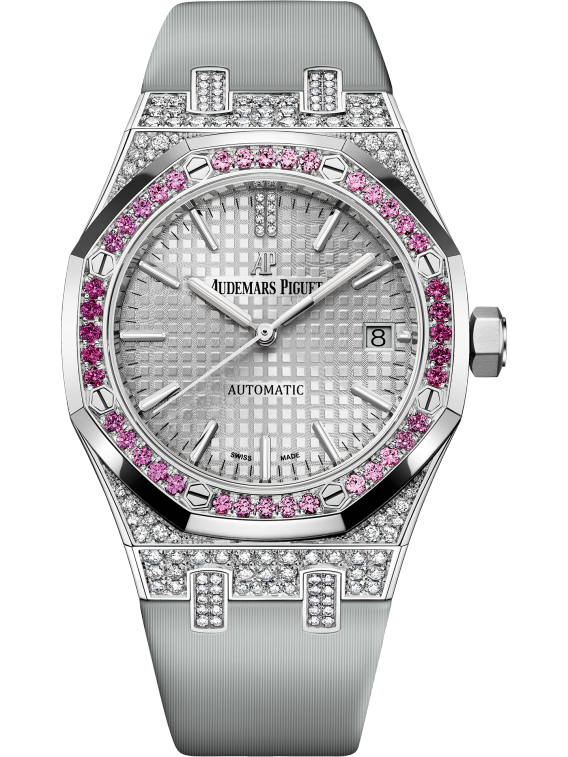 Royal Oak Selfwinding 37MM Light Grey Satin-Finished Calfskin Strap Rhodium-Toned Dial With Grande Tapisserie Pattern 18-Carat White Gold Case Bezel Set With Pink Brilliant-Cut Graded Sapphires and Rubies