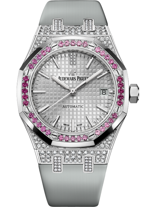 Royal Oak Selfwinding 37MM Light Grey Satin-Finished Calfskin Strap Rhodium-Toned Dial With Grande Tapisserie Pattern 18-Carat White Gold Case Bezel Set With Pink Brilliant-Cut Graded Sapphires and Rubies