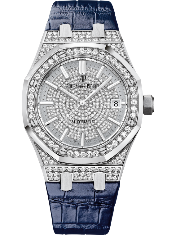 Royal Oak Selfwinding 37MM Blue Alligator Strap Diamond-Paved Dial With Grande Tapisserie Guilloché Pattern 18-Carat White Gold Case