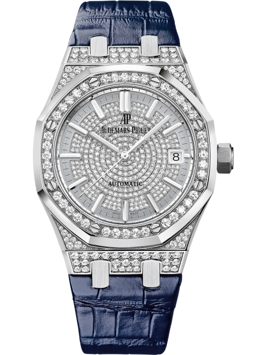 Royal Oak Selfwinding 37MM Blue Alligator Strap Diamond-Paved Dial With Grande Tapisserie Guilloché Pattern 18-Carat White Gold Case