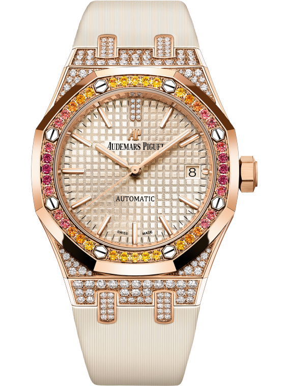 Royal Oak Selfwinding 37MM Beige Satin-Finished Calfskin Strap Beige Dial With Grande Tapisserie Pattern 18-Carat Pink Gold Case Bezel Set With Orange Brilliant-Cut Graded Sapphires, Garnet and Spessartites