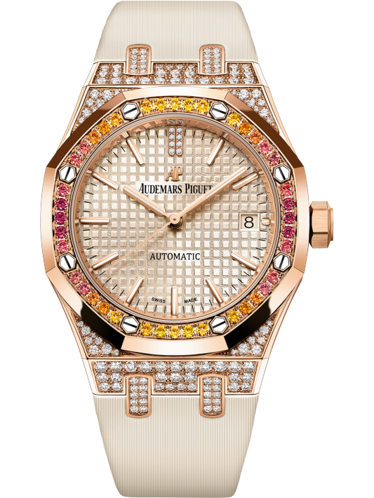 Royal Oak Selfwinding 37MM Beige Satin-Finished Calfskin Strap Beige Dial With Grande Tapisserie Pattern 18-Carat Pink Gold Case Bezel Set With Orange Brilliant-Cut Graded Sapphires, Garnet and Spessartites