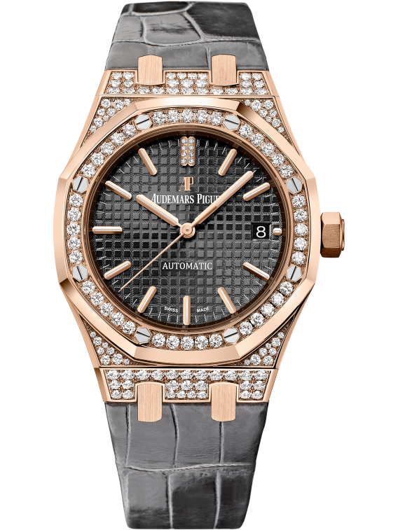 Royal Oak Selfwinding 37MM Gray Alligator Strap Slate Gray Dial With Grande Tapisserie Pattern 18-Carat Pink Gold Case Diamond-Set Bezel