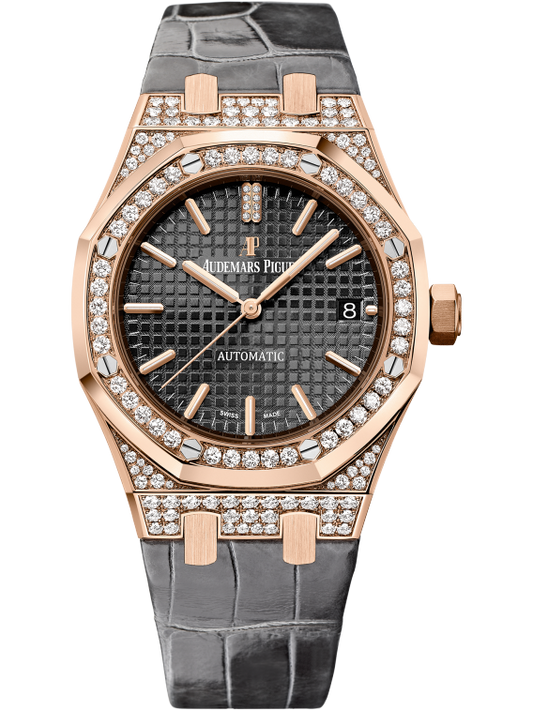 Royal Oak Selfwinding 37MM Gray Alligator Strap Slate Gray Dial With Grande Tapisserie Pattern 18-Carat Pink Gold Case Diamond-Set Bezel