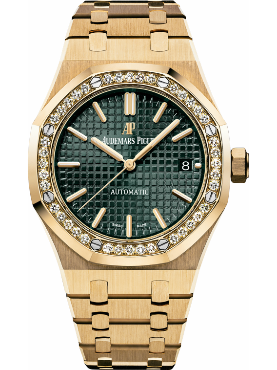 Royal Oak Selfwinding 37MM 18-Carat Yellow Gold Bracelet Green Dial Grande Tapisserie Pattern 18-Carat Yellow Gold Case Diamond-Set Bezel